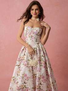 Vestido largo de tirantes finos con estampado floral, romántico para mujeres para vacaciones de primavera/verano, dulce y elegante para el Día de San Valentín, cumpleaños, fiestas, citas, baile de graduación, boda y fiestas de jardín - Blanco - Ver 3
