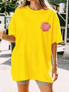 Women's Plus Size Pink "Salty Soul" Graphic Short Sleeve T-Shirt, Casual Stretch Summer Vacation Top - 黃色 - 查看 2