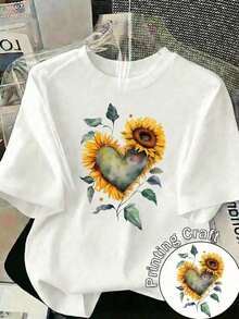 Casual White Round Neck Short Sleeve-shirt Women with Sunflower Heart Print Polyester Regular Fit Top blusas para mujer playeras de mujer blusas casuales para dama - Blanco - Ver 10