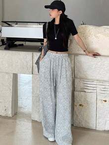 Women's Casual Solid Color Long Pants With Drawstring Waist - Gray - View 4