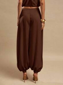 Women's Satin Palazzo Pants, Elegant Loose-Fitting Ginger Yellow Trousers, Suitable For Going Out, Brunch, Summer, Weddings, Honeymoon, Beach Vacation - 全穀類咖啡 - 查看 3