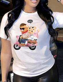 Camiseta de manga corta con cuello redondo y estampado de osos para parejas, top casual para verano y primavera, ropa de mujer. - Blanco - Ver 6