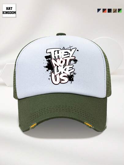 1pc Unisex Multi-Color Letter Graphic Print Adjustable Outdoor Casual Fashion Breathable Mesh Distressed Street Style Trucker Cap, Suitable For Daily Wear, Beach, Camping, Fishing, Gift