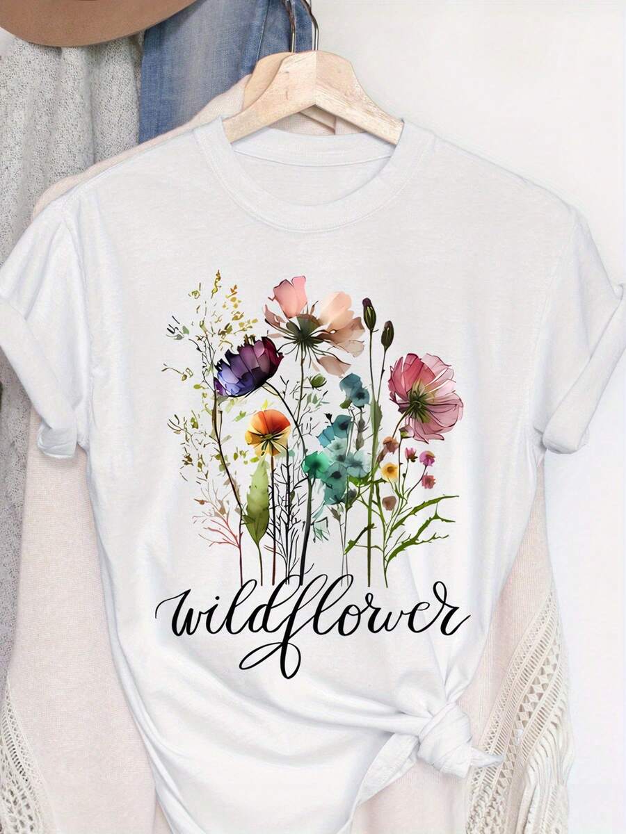 Camisa de Mujer con Estampado de Flores Silvestres - Blusa casual de manga corta y cuello redondo, suave, con estampado floral brillante, ligera y cómoda, adecuada para primavera y verano. - Blanco - Ver 1