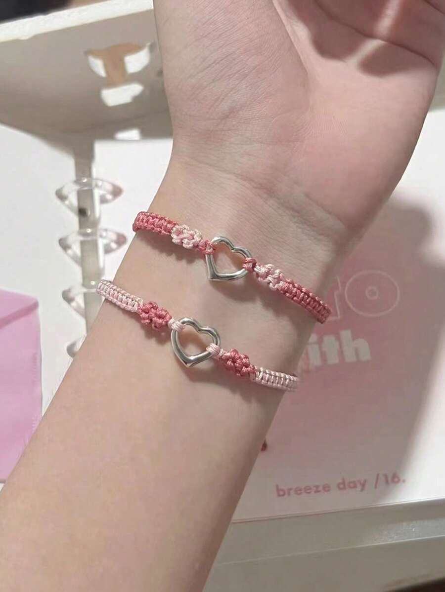 Y2K甜美简约爱心编织情侣手链套装，可调节编织情侣对表手链，适合派对、聚会和日常穿搭配饰，情人节礼物，送给女性、男友、女儿、闺蜜，毕业装饰配饰