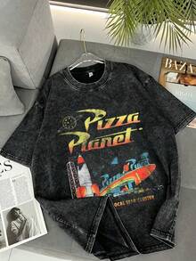 Men's Disney High-Quality Washed Cotton Tee, Toy Story Pizza Planet Retro Rocket Print, Vintage Streetwear. - Black - View 1