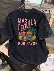 大尺碼女款夏季新款 Tequila Bar 單身派對圖案做舊 T-shirt，休閒舒適圓領短袖上衣，清新春夏款，適合日常休閒、海灘與戶外活動，黑色 - 黑色 - 查看 3