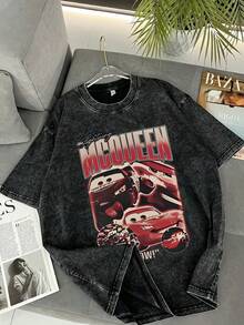 Men's Disney Washed Vintage Crew Neck Tee, Cars Lightning McQueen Collage Poster Print, Retro Casual Streetwear. - 黑色 - 查看 1