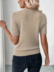 Blusa de punto de manga corta de unicolor y estilo minimalista, para uso diario - Marrón Mocha 2 - Ver 3