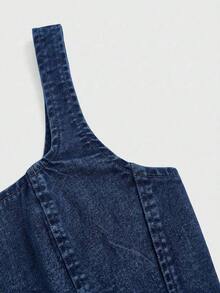 Parte superior de tirantes anchos y cierre trasero de mezclilla casual negra para mujer - Azul lavado oscuro - Ver 4
