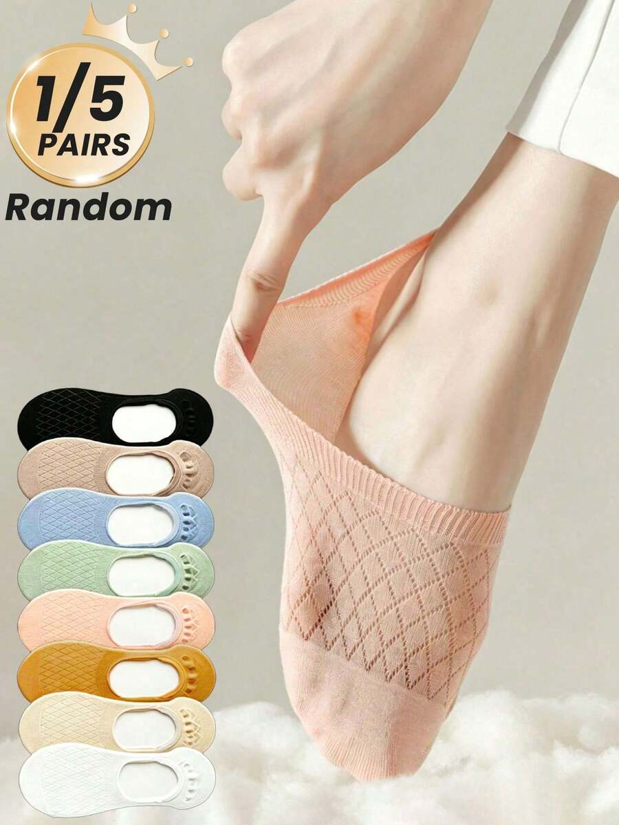 1/5 Pairs (Random Delivery) Women's Multi-Color Diamond Grid Mesh Breathable Anti-Slip Silicone Invisible Boat Socks, Suitable For Students, Daily Commute, Low-Top Shoes
