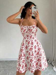 Vestido corto con tirantes finos, espalda anudada, estampado floral y pliegues para mujer - Multicolor 2 - Ver 6