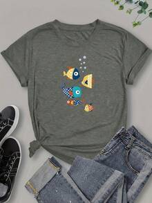 Camiseta de manga corta para mujer, estilo europeo y americano, con estampado de peces, a la moda, versátil, casual, deportiva, de cuello redondo. - Rojo - Ver 11