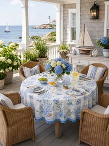 1 pezzo Tovaglia rotonda con tema nautico blu, ancora e salvagente - Decorazione mediterranea costiera con tema marino, stelle marine e conchiglie, perfetta per la decorazione della casa, della stanza, accessori per la cucina, il giardino, il patio, la casa al mare, feste in piscina, caffè sul mare e matrimoni sul lungomare - Multicolore - Visualizzare 2