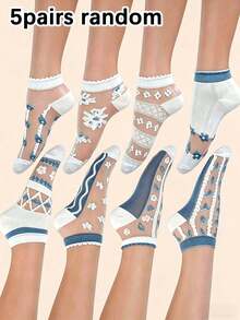 1/5 Pairs Random Blue & White Floral Lace Hollow Short Socks For Women, Soft & Breathable Mesh Stockings For Spring/Summer, Versatile Daily Wear, Gift - Blue and White - View 6