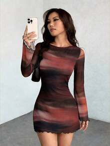 Vestido mini con mangas acampanadas y malla con estampado de leopardo para mujer - Multicolor 3 - Ver 9