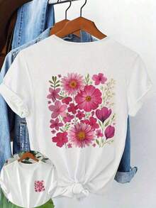 Camiseta de manga corta y cuello redondo para mujer, con estampado gráfico de flores naturales en racimos, para uso diario informal, primavera/otoño/verano, para el Día de San Valentín/regreso a clases, color blanco. - Blanco - Ver 6