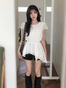Women's Solid Color Asymmetrical Short Sleeve Round Neck T-Shirt White Casual - White - View 3