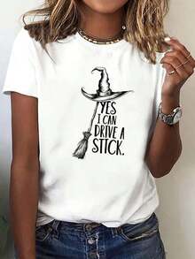 1 Piece Casual Fashion Men's And Women's Cotton T-Shirt With Anime Witch Hat And Broom Print For Women - YES, I CAN DRIVE A STICK - Round Neck And Short Sleeve, Loose Fit For Summer Casual Outfits And Parties Themes: Versatile, Easy To Match, For Daily Wear, Street Style, Vacation Wear, Weekend Wear. - 白色的 - 查看 1