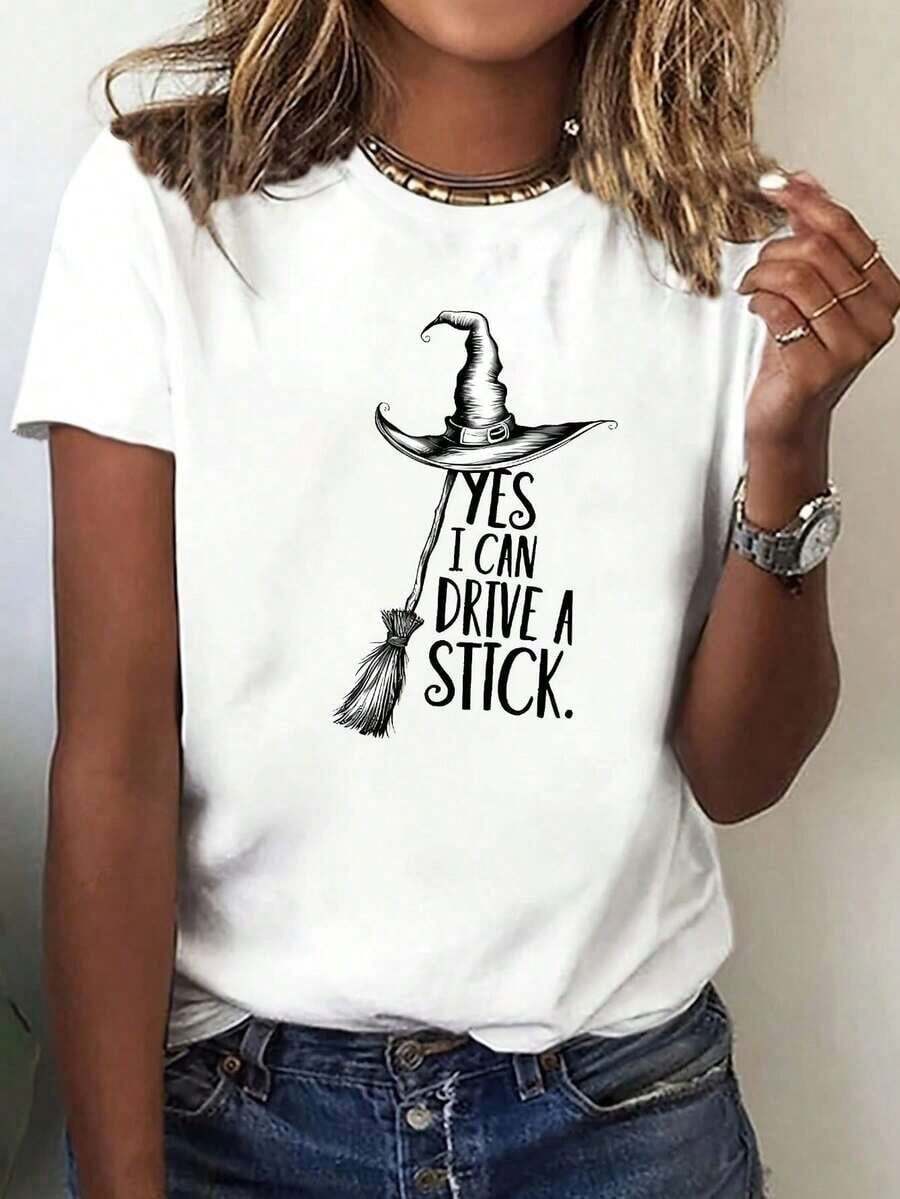 1 Piece Casual Fashion Men's And Women's Cotton T-Shirt With Anime Witch Hat And Broom Print For Women - YES, I CAN DRIVE A STICK - Round Neck And Short Sleeve, Loose Fit For Summer Casual Outfits And Parties Themes: Versatile, Easy To Match, For Daily Wear, Street Style, Vacation Wear, Weekend Wear. - 白色的 - 查看 1