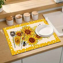 1pc Dish Drying Mat, Coffee Machine Mat, Yellow & White Polka Dot Border Sunflower & Bee Pattern Absorbent Draining Mat, Suitable For Dining Table & Cafe, Strong Water Absorption, Multi-Purpose Drainage Mat, Home Gift, Tabletop Decor - XYLSD-358 - View 9