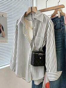 Camisa de mujer con botones y bolsillo, a rayas, de uso casual para primavera, color blanco - Blanco - Ver 1