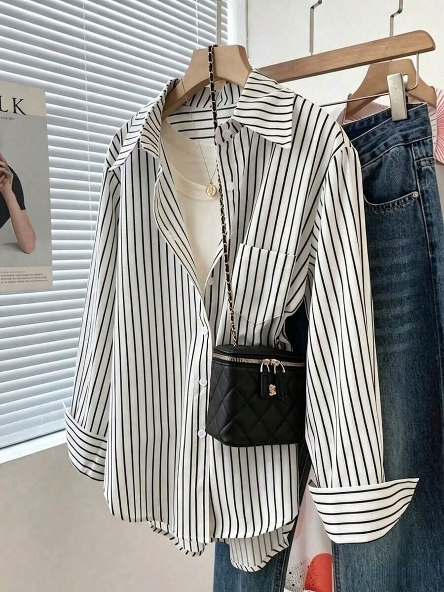 Camisa de mujer con botones y bolsillo, a rayas, de uso casual para primavera, color blanco - Blanco - Ver 1
