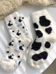10/8/4/3/2/1雙 女款均碼加厚珊瑚絨襪，可愛牛奶圖案，柔軟舒適，返校季 - 彩色 - 查看 8
