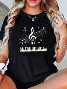 Conjuntos de Verano con Diseño Gráfico para Mujer - Camiseta de Mujer con Clave de Sol y Temática Musical - Top de Manga Corta con Cuello Redondo y Símbolos Musicales, Ropa Casual de Primavera Verano para Conciertos, Coros y Uso Diario - Ropa Casual Elegante para Músicos y Amantes de la Música - Conjuntos de Verano para Mujer - Camisetas de Verano - Negro - Ver 6