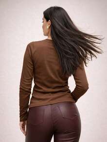 Fleece-Lined Long-Sleeved Ribbed V-Neck Blouse - Elegant, Chic, Warm, Comfortable - Autumn And Winter Fashion - Valentine's Day - 鏽棕色 - 查看 4
