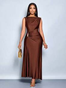 Vestido elegante de mujer con decoración de metal de unicolor, ajuste delgado, adecuado para el uso diario, compras, fiestas y reuniones - Cafetería - Ver 7