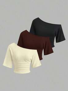 Nuevo conjunto de 3 piezas ajustado con hombros descubiertos, estilo sexy europeo y americano. Camiseta de unicolor versátil y casual para mujer, adecuada para primavera/verano, uso diario, ir al trabajo, citas - Multicolor 2 - Ver 9