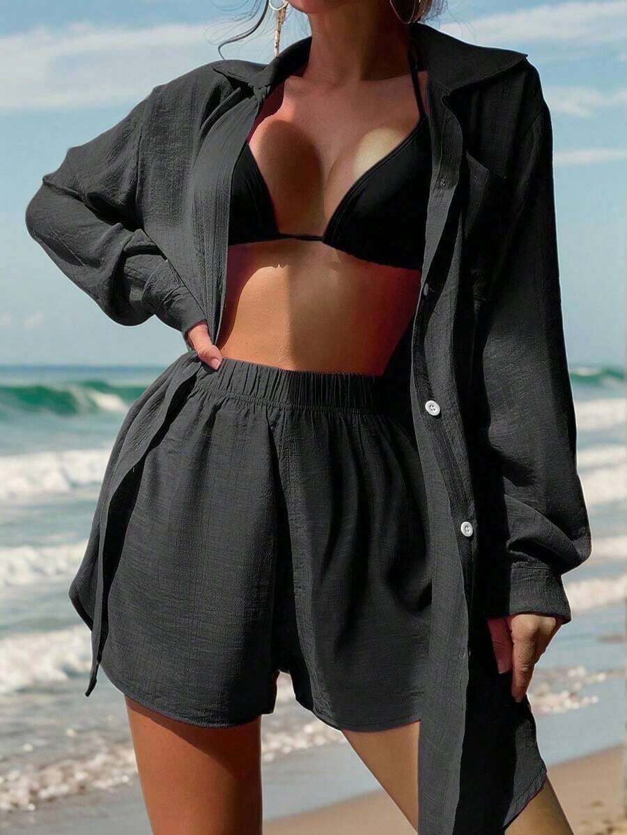 Swim Vcay Set cover up unicolor con botón delantero - Negro - Ver 1