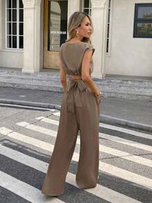 Conjunto de 2 piezas de blusa y pantalones con lazo en la espalda de unicolor para mujer, un conjunto de top holgado y pantalón de pierna ancha con lazos en la espalda, unicolor, elegante y casual, adecuado para el uso diario, primavera/verano - Café integral - Ver 2