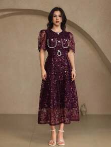 Vestido elegante de encaje de alta calidad con cintura ajustable, bordado, de estilo coreano suave y elegante - Morado - Ver 3
