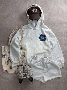 Conjunto de Sudadera con Capucha y Pantalones Cortos   con Estampado de Eslóganes para Vacaciones en la Playa, Conjunto de Sudadera con Capucha y Pantalones Cortos para Mujer, Sudadera con Capucha y Pantalones Cortos con Diseño de Tiburón Ballena, Conjunto de Sudadera con Capucha y Pantalones Cortos Gris, Ropa de Regreso a la Escuela, Ropa de Otoño e Invierno, Otoño e Invierno - Gris 2 - Ver 4