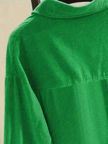 Camisa de manga larga casual de mujer de pana con bordado de letras, primavera - Verde - Ver 3