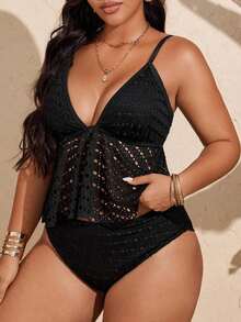 Swim Lushoire Conjunto de tankini de traje de baño de unicolor con diseño calado para mujer de talla grande - Negro - Ver 6