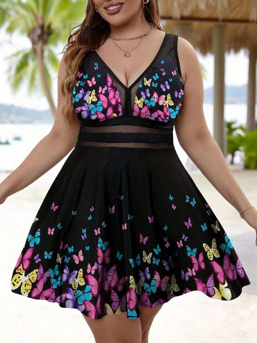 Swim Lushoire Conjunto de tankini de 2 piezas para mujer talla grande con estampado floral, cuello en V y control de abdomen para el verano - Multicolor - Ver 1