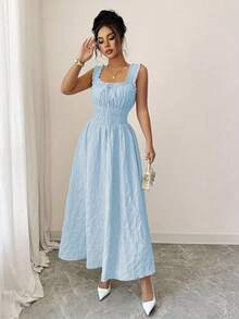 New Women's Texture Flower Fabric, Strap Bow Waist Design - Elegant And Versatile Women's Dress - Elegant Party Women's Dress, Date Night, One Piece, Shopping Festival, New Year Daily, Party, Wedding Night, Fashionable And Versatile, Simple And Elegant - màu xanh nhạt - Xem 5