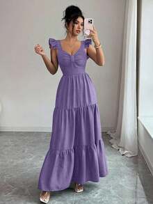 Vestido largo de unicolor para mujer, falda larga estilizante con cintura elástica y parches, elegante y de moda para uso diario en primavera/verano, versátil para cenas y citas - Morado - Ver 8