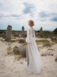 Elegant Dress With Round Neck Bubble Sleeves And Tulle Embroidery - 白色 - View 3