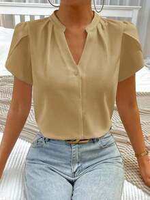 Blusa de trabajo con cuello en pico y mangas de pétalo de color blanco para mujer, blusas de manga corta - Marrón - Ver 7