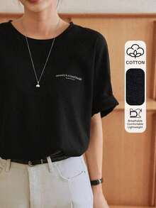 Camiseta de mujer de cuello redondo de manga corta con estampado simple, camiseta gráfica holgada, top preppy - Negro - Ver 9