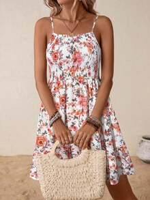 Vestido de verano de mujer con tirantes finos y estampado floral diminuto - Naranja - Ver 5