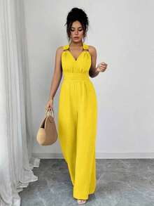 Mono de pierna ancha con cuello en V y cintura anudada, azul, mono para mujer, conjunto casual de verano para damas - Amarillo - Ver 6