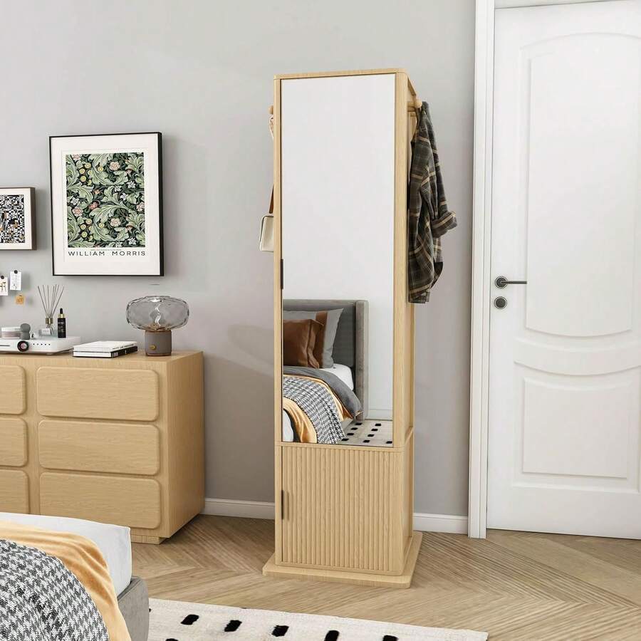 66" Jewelry Cabinet With A Full-Length Mirror, Standing Storage Cabinet With A Coat Rack, 2 Layers Of Built-In Shelves, Back 4 Layers Of Open Shelves, Oak - 白色 - 查看 1