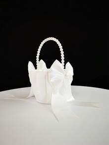 2pcs Wedding Flower Girl Baskets, With Cute Pearl Handle Bow Satin Flower Basket, Suitable For Wedding Ceremony Use, Ivory - Pearl Bow Flower Basket - View 3