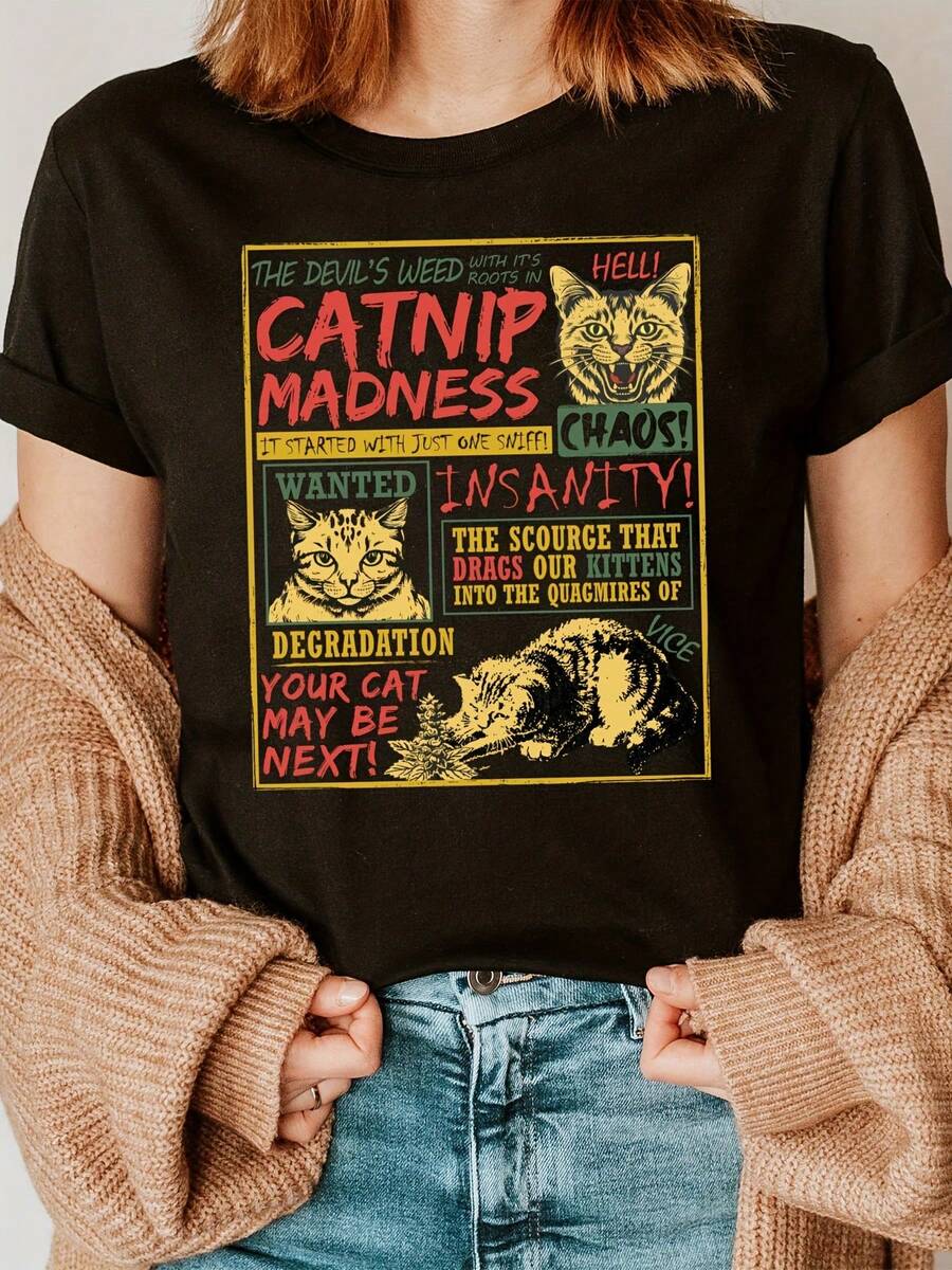 Camiseta de Moda con Estampado de Letras y Gatito Loco, Manga Corta y Cuello Redondo, Top Casual para Verano y Primavera, Ropa de Mujer - Negro - Ver 1