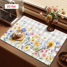 1pc Dish Drying Mat, Coffee Machine Mat, Checkered Background With Colorful Wild Flowers And Butterflies Pattern, Fresh And Natural Style, Suitable For Dining Table And Cafe, Absorbent And Draining, Multi-Purpose Pad, Home Gift, Desktop Decor - XYLSD-361 - View 2